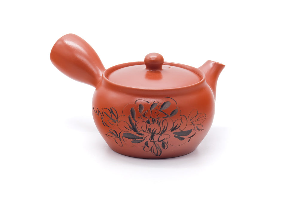 Japanese Kyusu - Flower Engraved Tokoname Mesh Teapot - 410ml