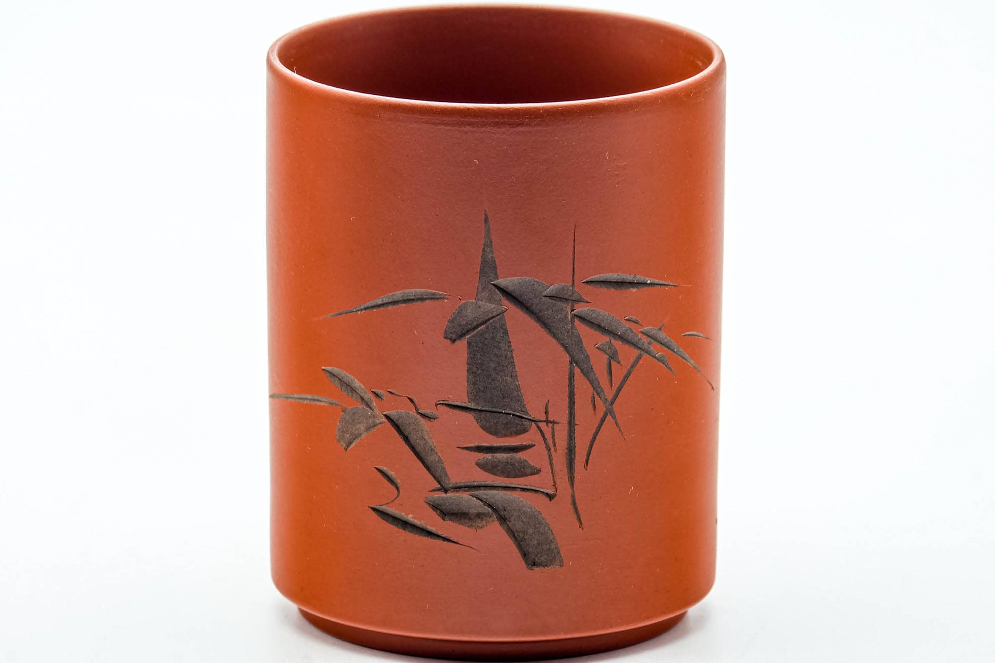 Japanese Teacups - Pair of Bamboo Calligraphy Engraved Red Shudei Tokoname-yaki Meoto Yunomi
