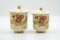 Japanese Teacups - Pair of Floral Beige Glazed Kutani-yaki Lidded Meoto Yunomi