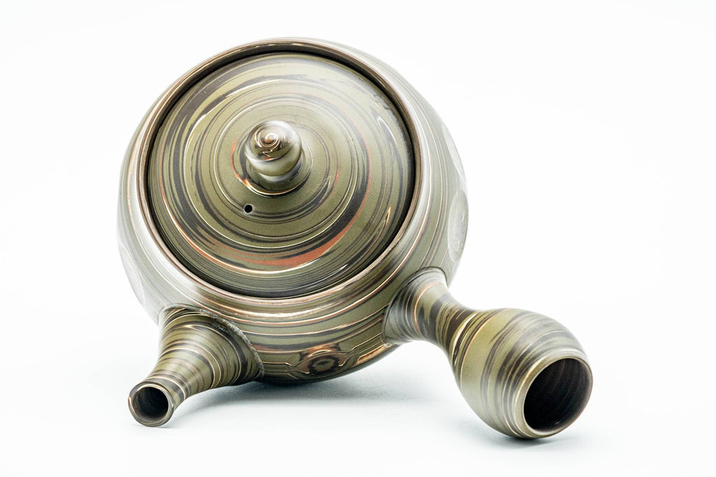 Japanese Kyusu - Carved Green Marbled Nerikomi Tokoname-yaki Mesh Teapot - 300ml