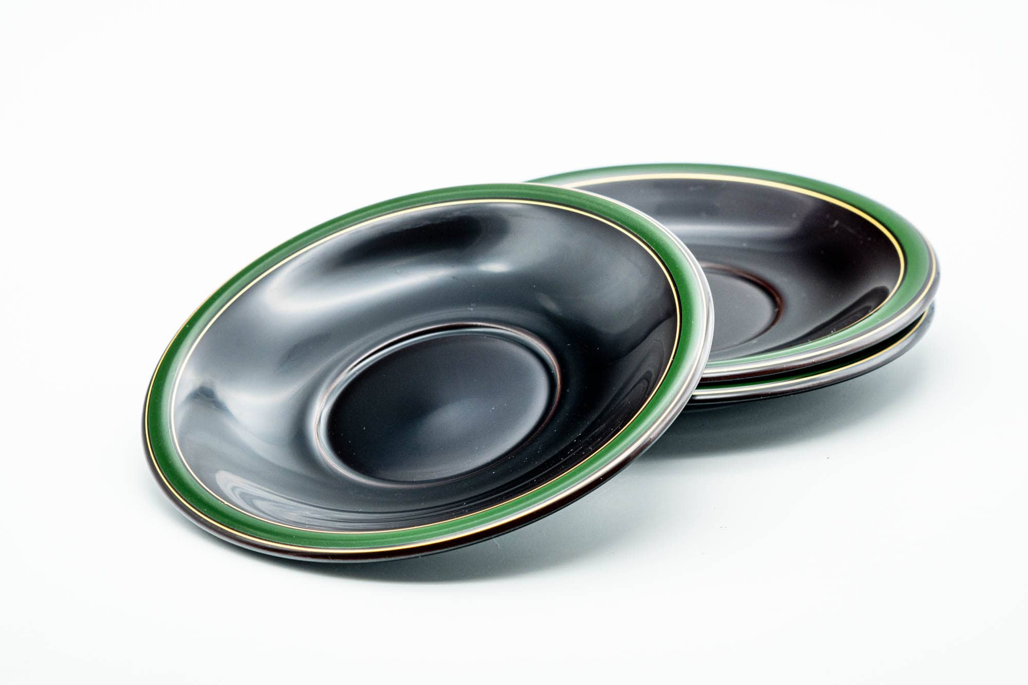 Japanese Chataku - Set of 3 Green Trim Black Lacquer Tea Saucers