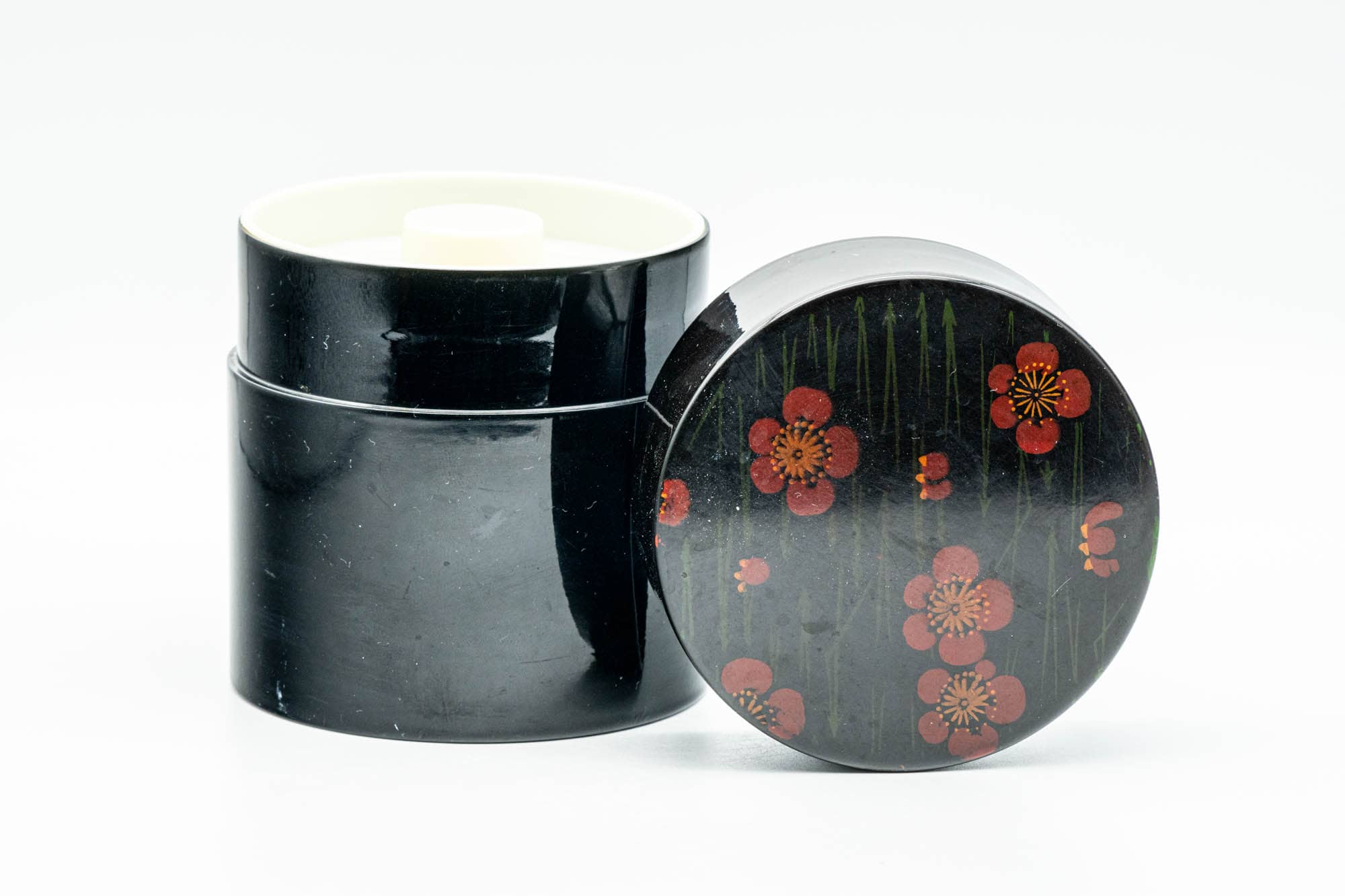 Japanese Chazutsu - Red Blossoms Black Plastic Tea Canister - 300ml