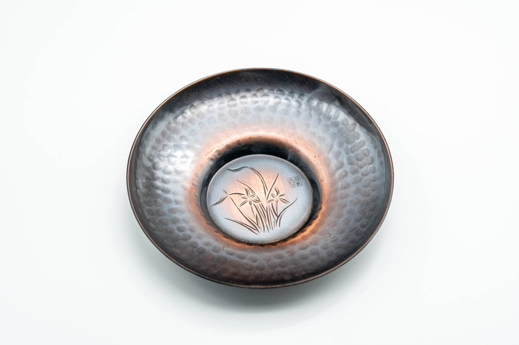 Japanese Chataku - Set of 5 Hammered Copper Uniquely Engraved Tea Saucers with Chasaji Tea Scoop in Wooden Box