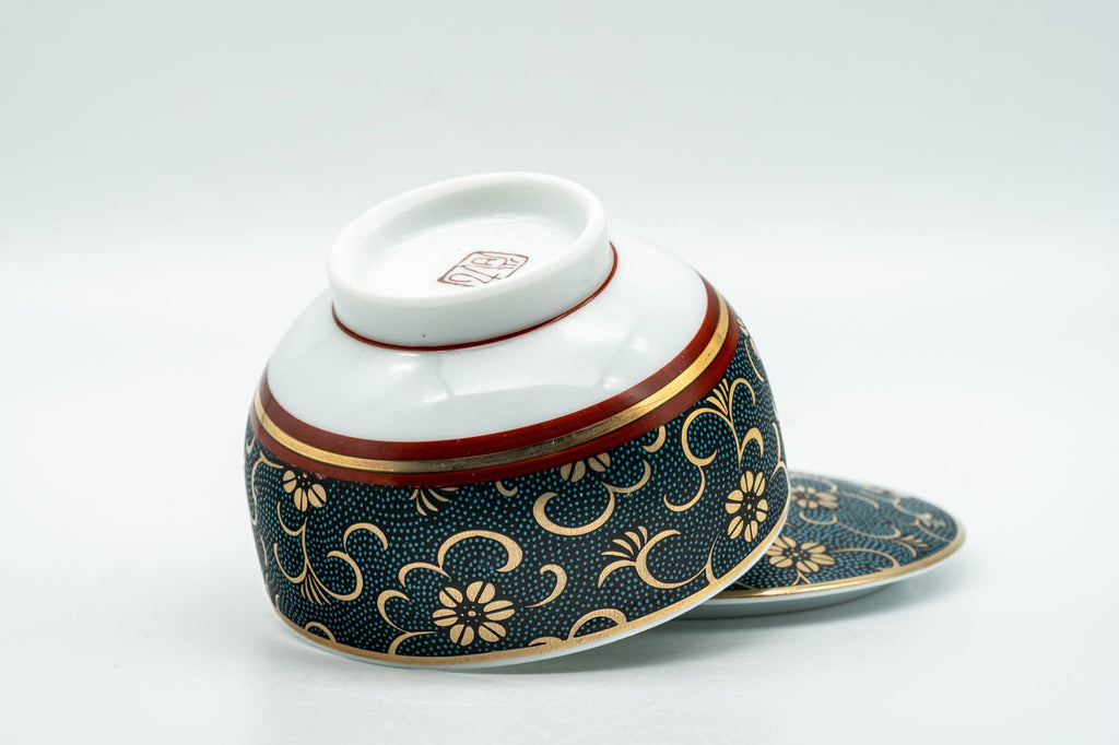 Japanese Teacup - 九谷焼 Floral Gold Aochibu Kutani-yaki Porcelain Lidded Yunomi - 120ml