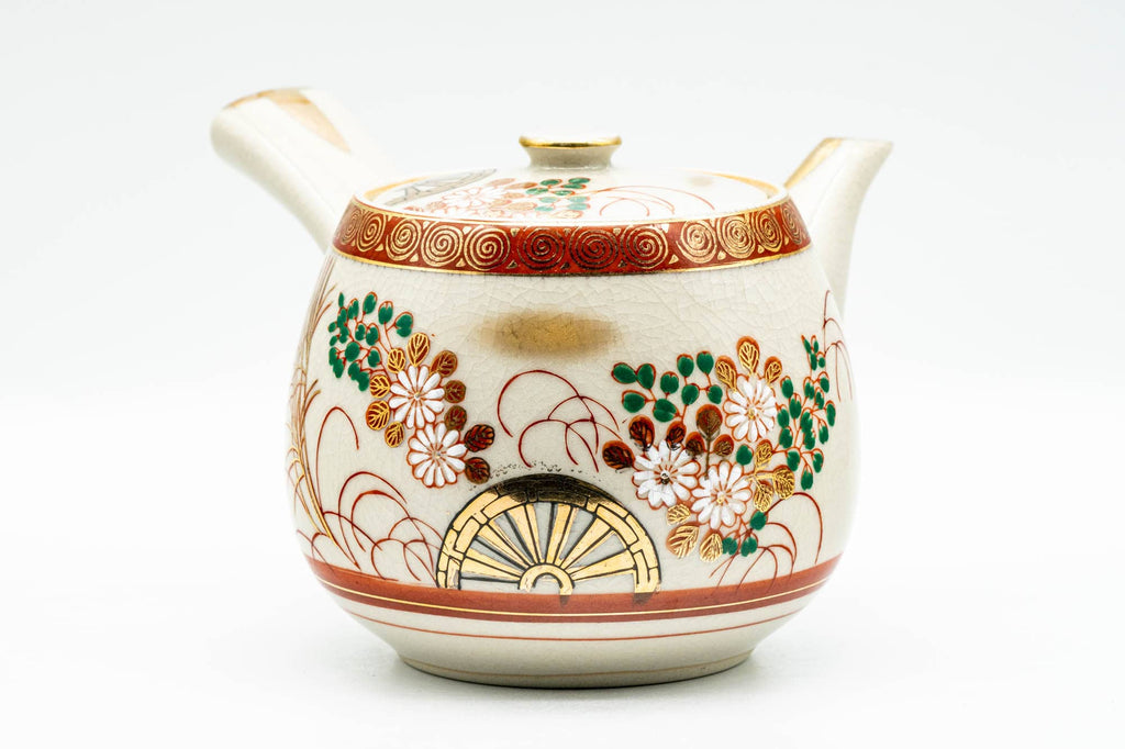 Japanese Kyusu - Red Gold White Chrysanthemums Kutani-yaki Debeso Teapot - 550ml