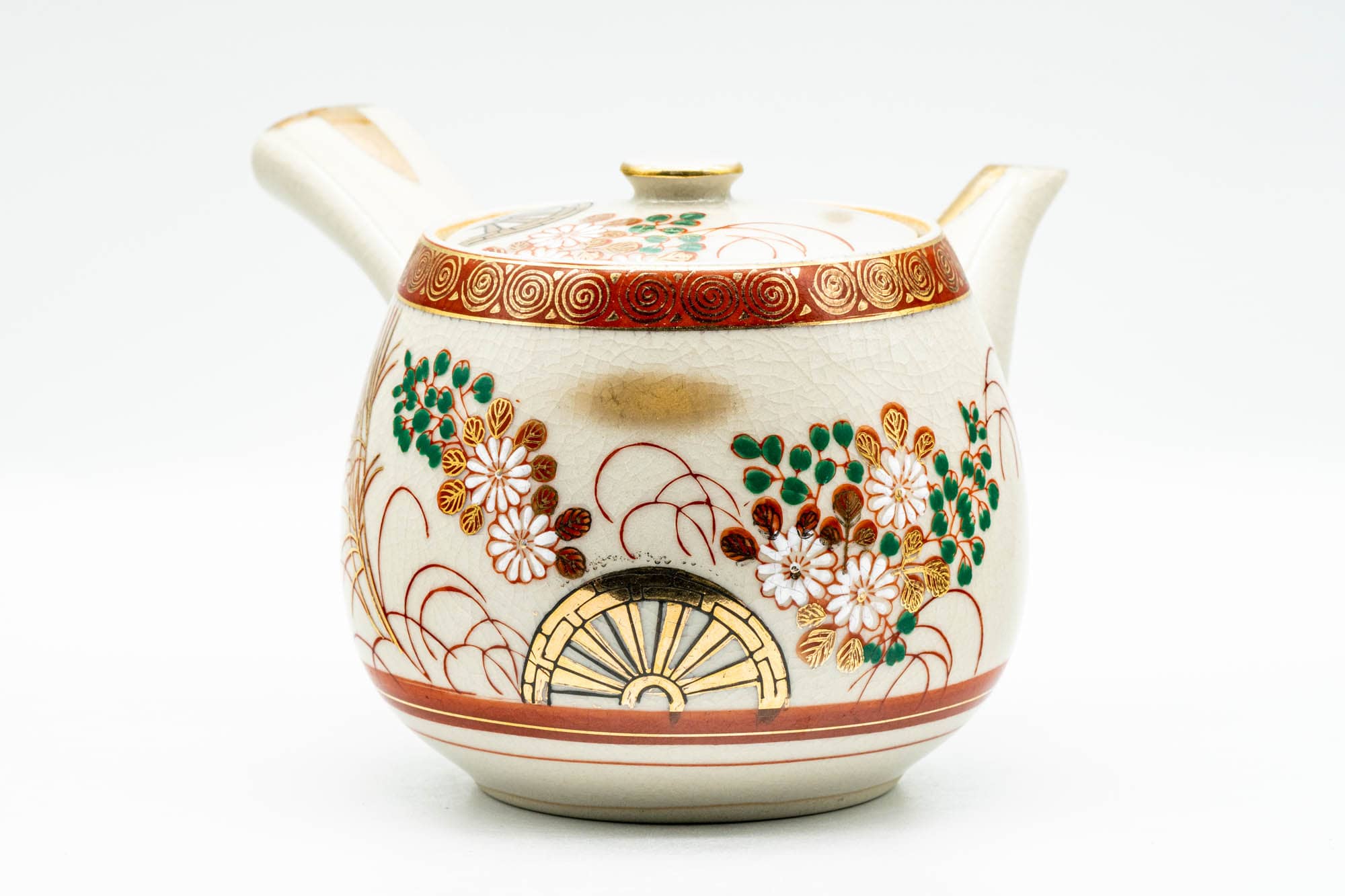 Japanese Kyusu - Red Gold White Chrysanthemums Kutani-yaki Debeso Teapot - 550ml