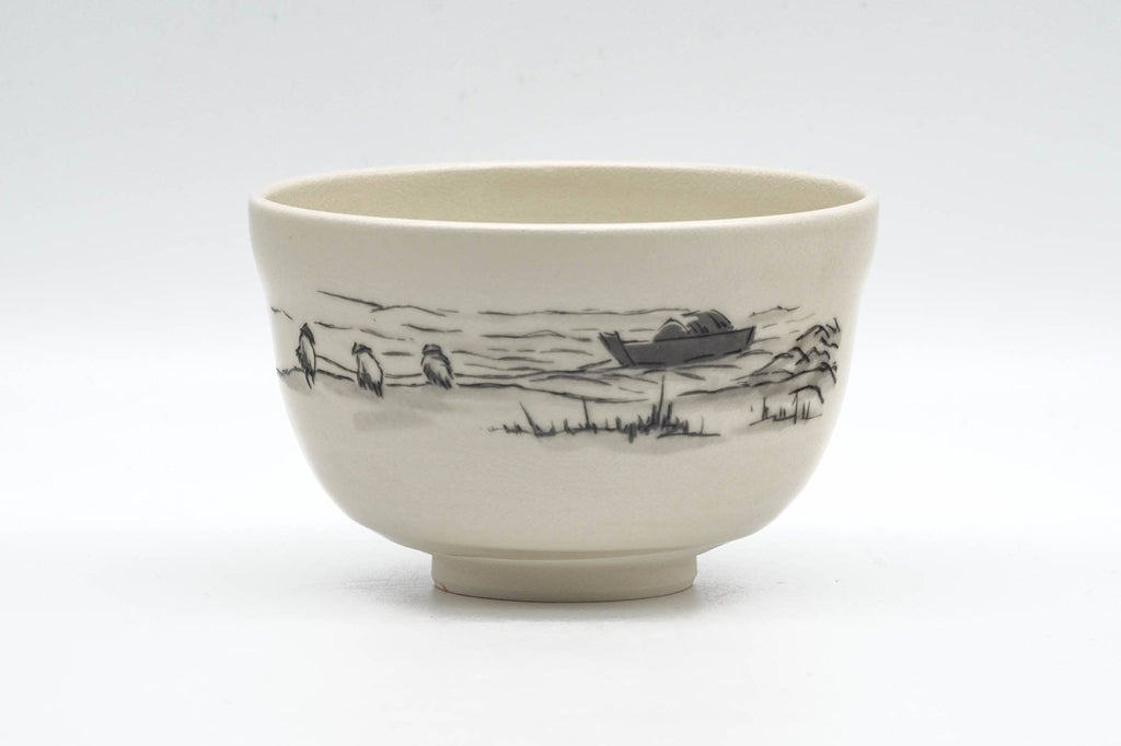 Japanese Matcha Bowl - Beige Glazed Landscape Decorated Kyo-yaki Chawan - 300ml