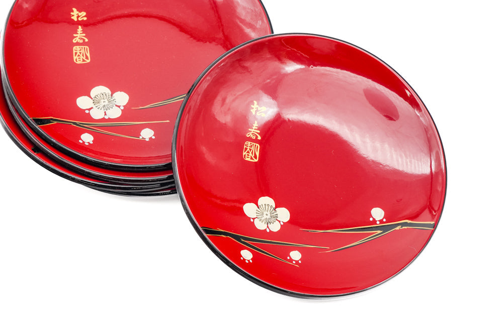 Japanese Chataku - Set of 5 Floral Black Red Lacquer Serving Saucers