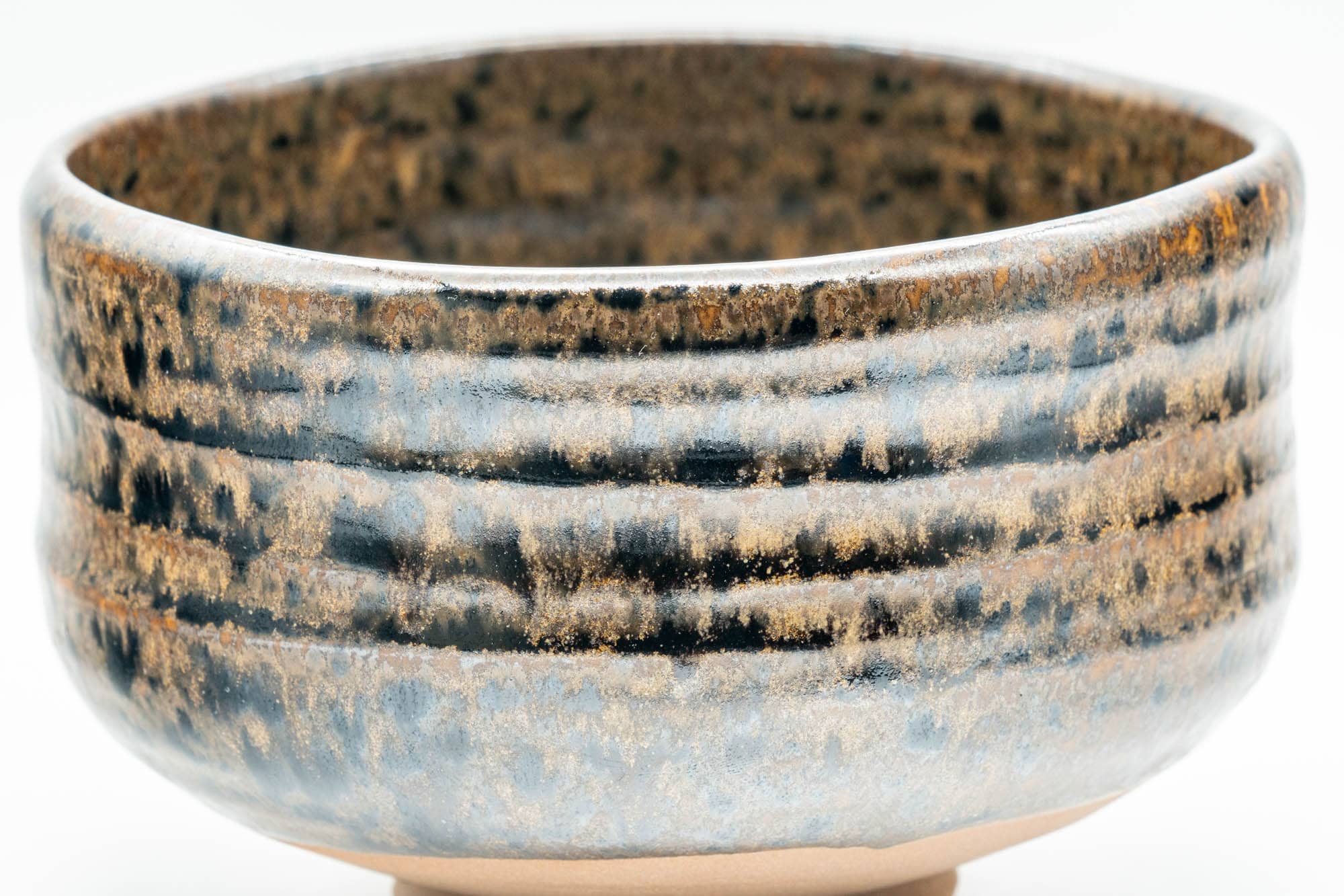 Japanese Matcha Bowl - Brown and Yellow Glazed Waisted Chawan - 450ml