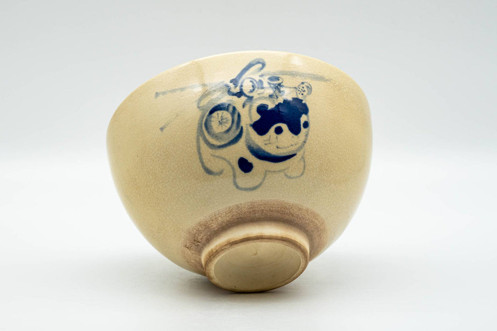 Japanese Matcha Bowl - Beige Blue Cat Kyo-yaki Chawan - 350ml