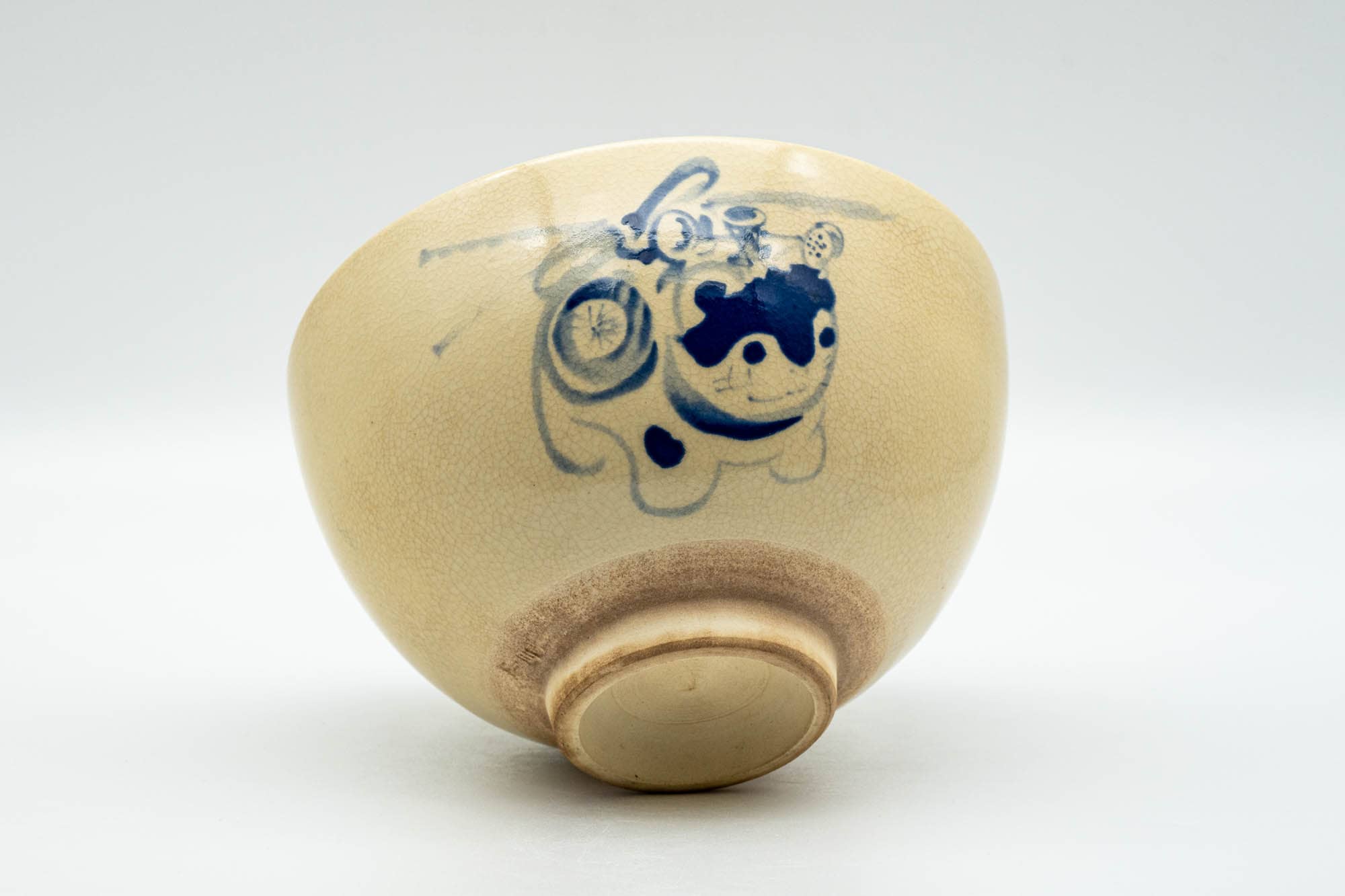 Japanese Matcha Bowl - Beige Blue Cat Kyo-yaki Chawan - 350ml