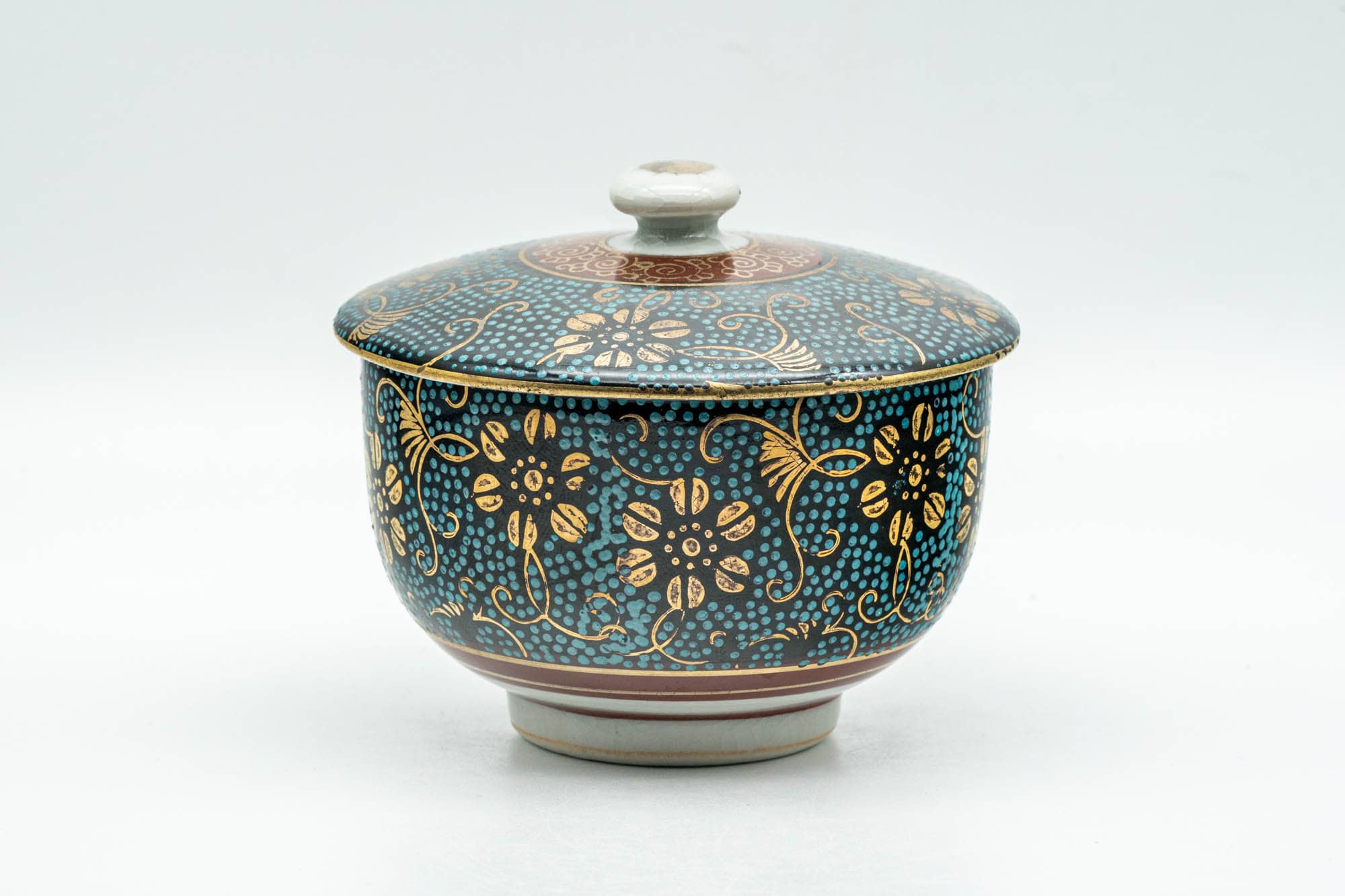 Japanese Teacup - 九谷焼 Floral Aochibu Kutani-yaki Porcelain Lidded Yunomi - 120ml