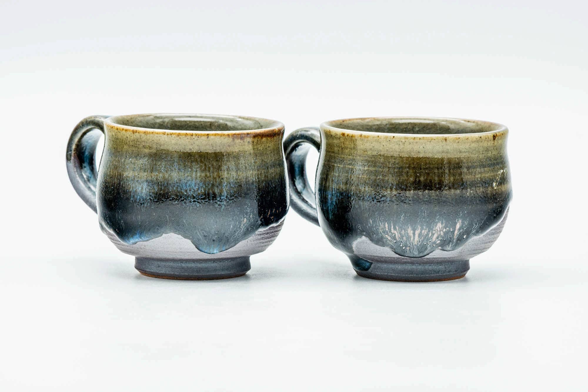 Japanese Teacups - Pair of Blue Green Drip-Glazed Ushirode Yunomi - 90ml