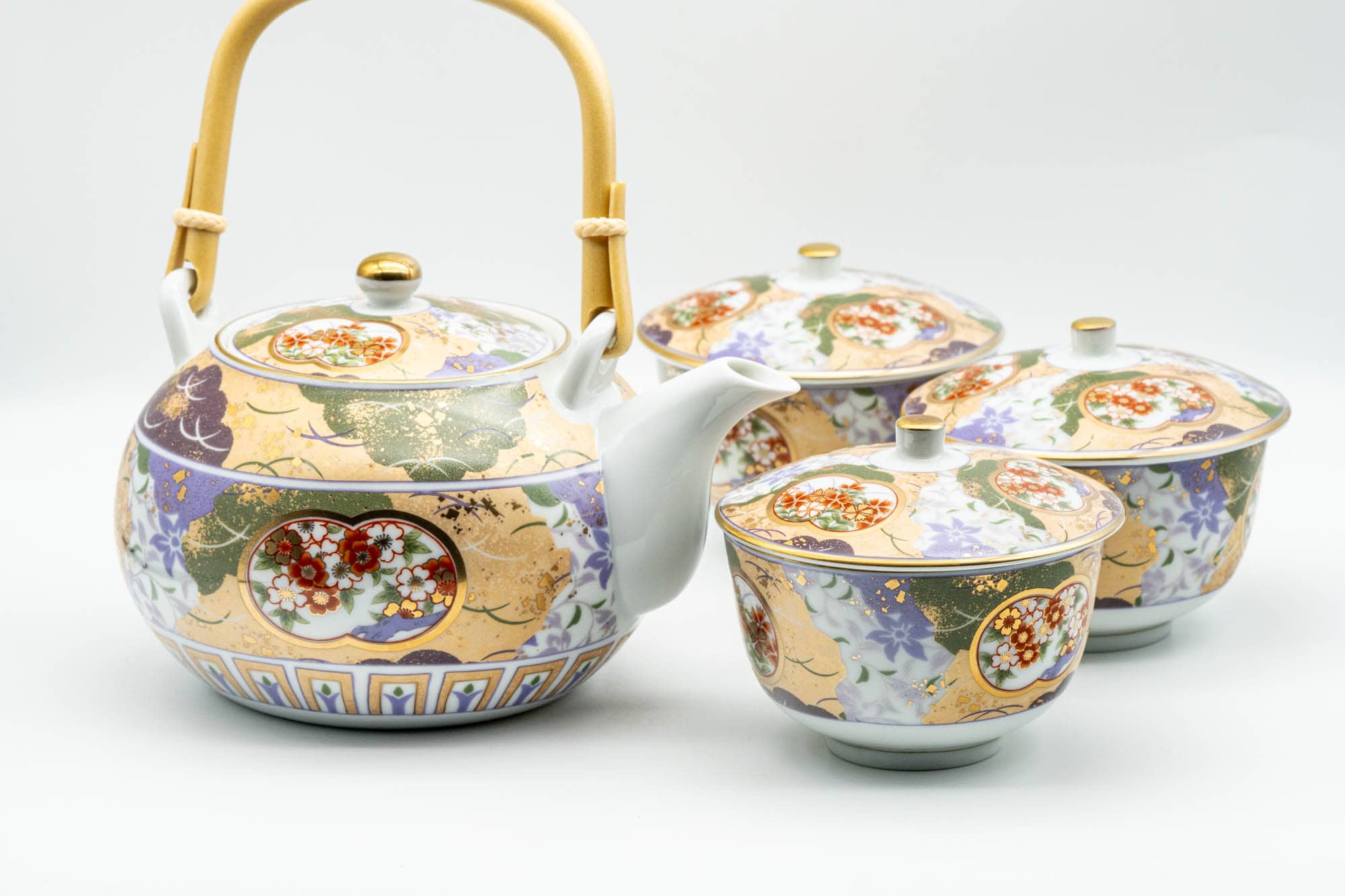 Japanese Tea Set - Floral Arita-yaki Dobin Teapot with 3 Lidded Yunomi Teacups