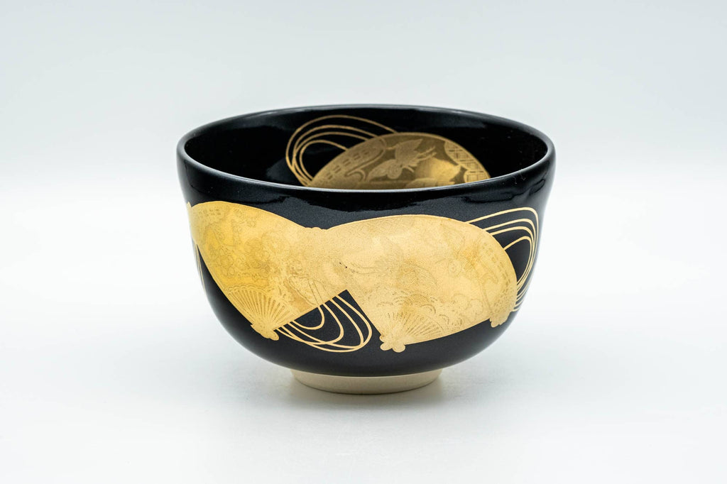 Japanese Matcha Bowl - Black Gold Glazed Geometric Komogai-nari Kyo-yaki Chawan  - 350ml