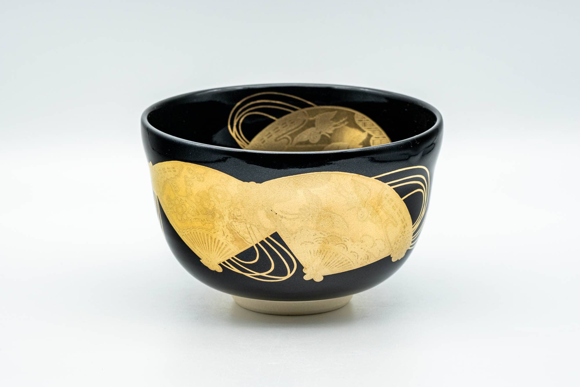 Japanese Matcha Bowl - Black Gold Glazed Geometric Komogai-nari Kyo-yaki Chawan  - 350ml