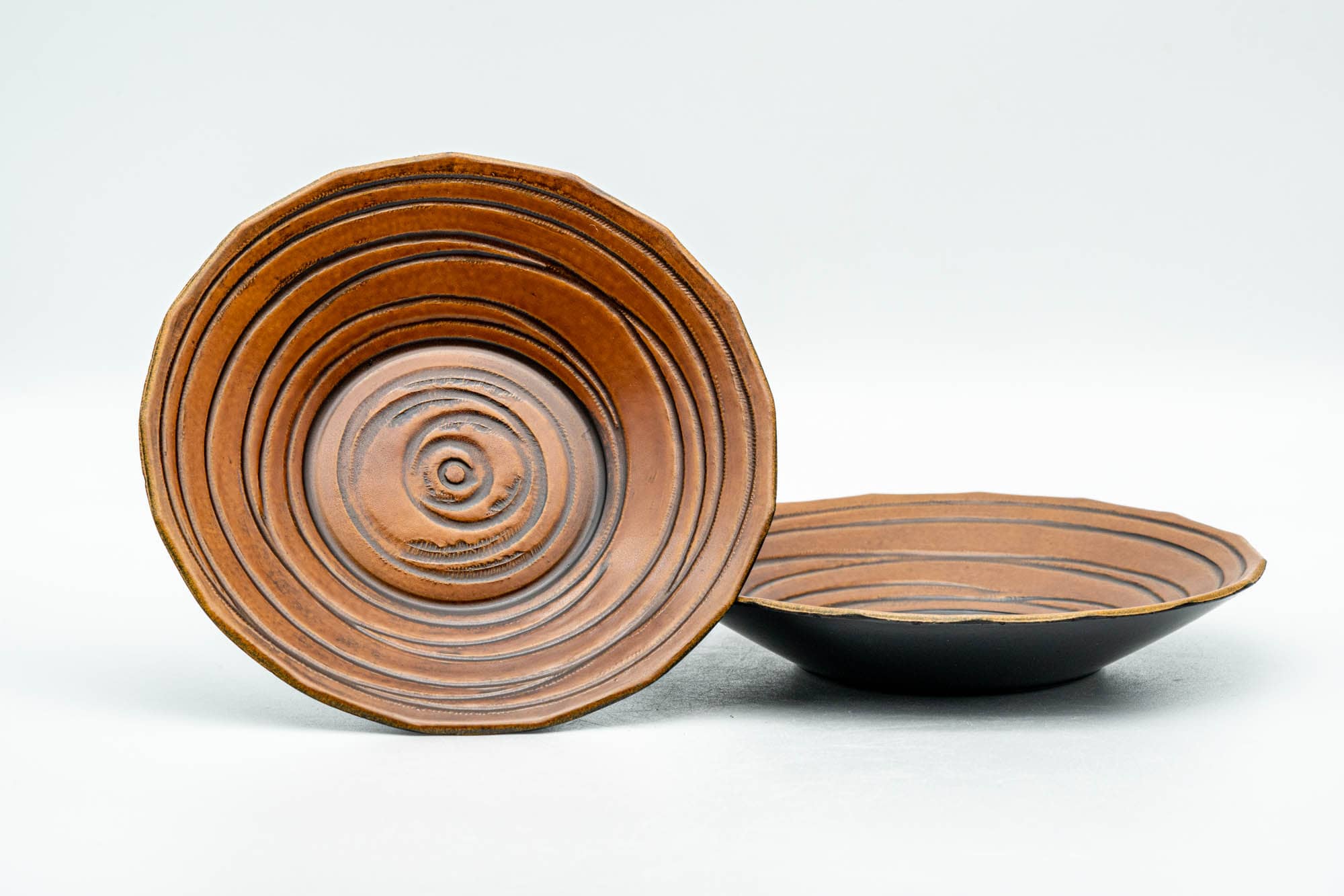 Japanese Chataku - Pair of Textured Wood Lacquer Tea Saucers