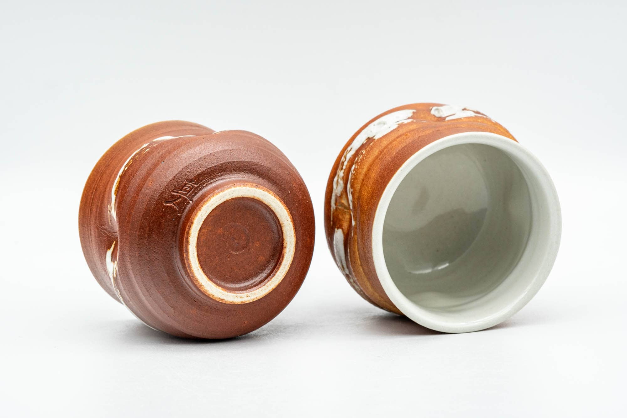 Japanese Teacups - Pair of Orange White Textured Glazed Yunomi - 100ml