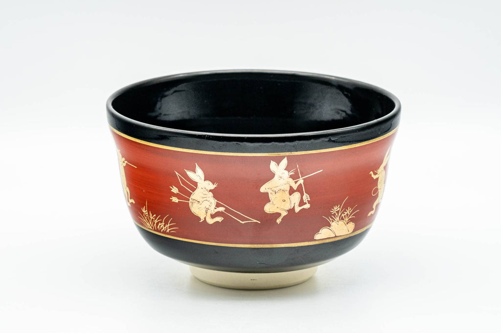 Japanese Matcha Bowl - Gold Bunny Rabbits Black Red Glazed Kyo-yaki Chawan - 350ml