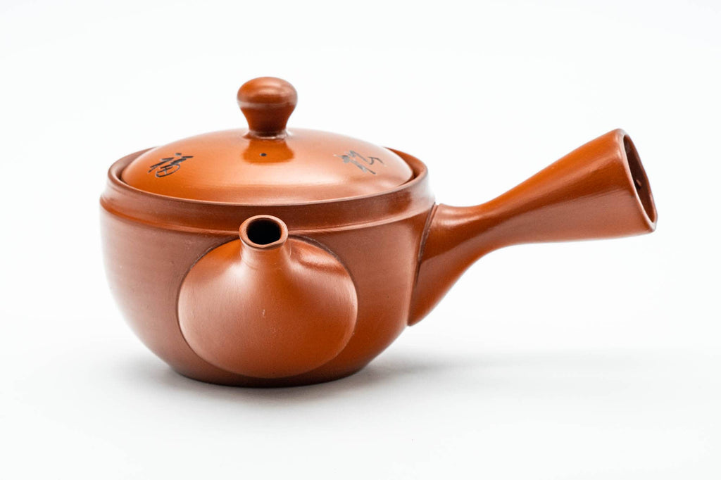 Japanese Kyusu - Kanji Leaves Engraved Red Shudei Tokoname-yaki Mesh Teapot - 275ml
