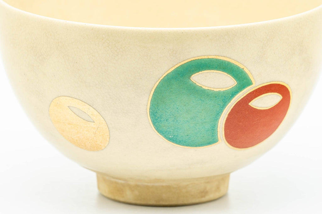 Japanese Matcha Bowl - Beige Colorful Spheres Kyo-yaki Chawan - 300ml