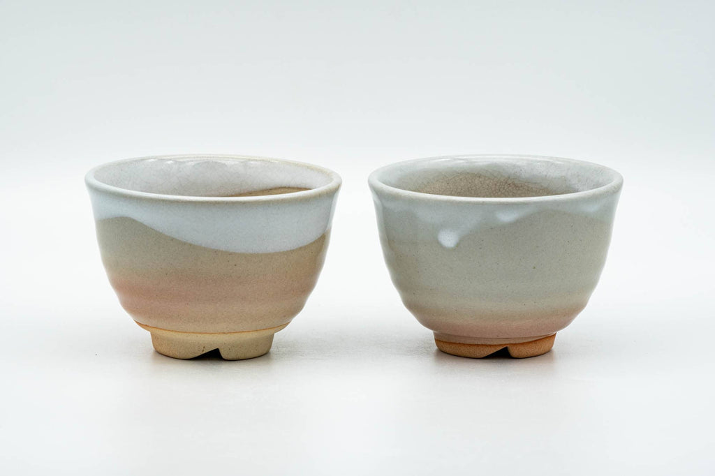 Japanese Teacups - Pair of Unique Beige White Glazed Hagi-yaki Yunomi - 120ml