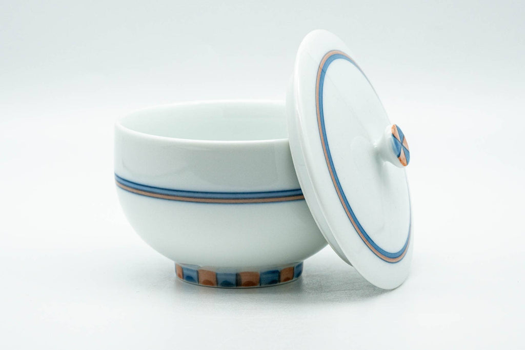 Japanese Teacup - Blue Orange Geometric Patterned Arita-yaki Lidded Yunomi - 140ml