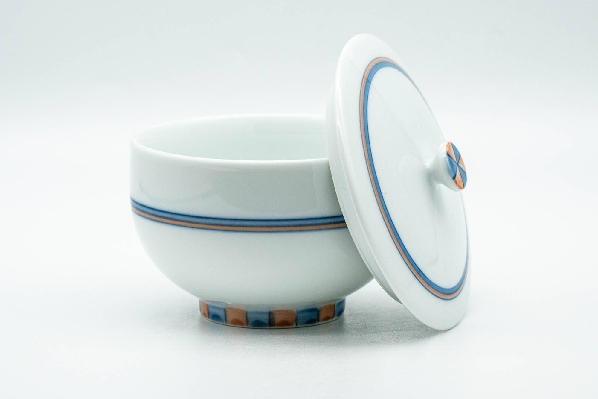 Japanese Teacup - Blue Orange Geometric Patterned Arita-yaki Lidded Yunomi - 140ml