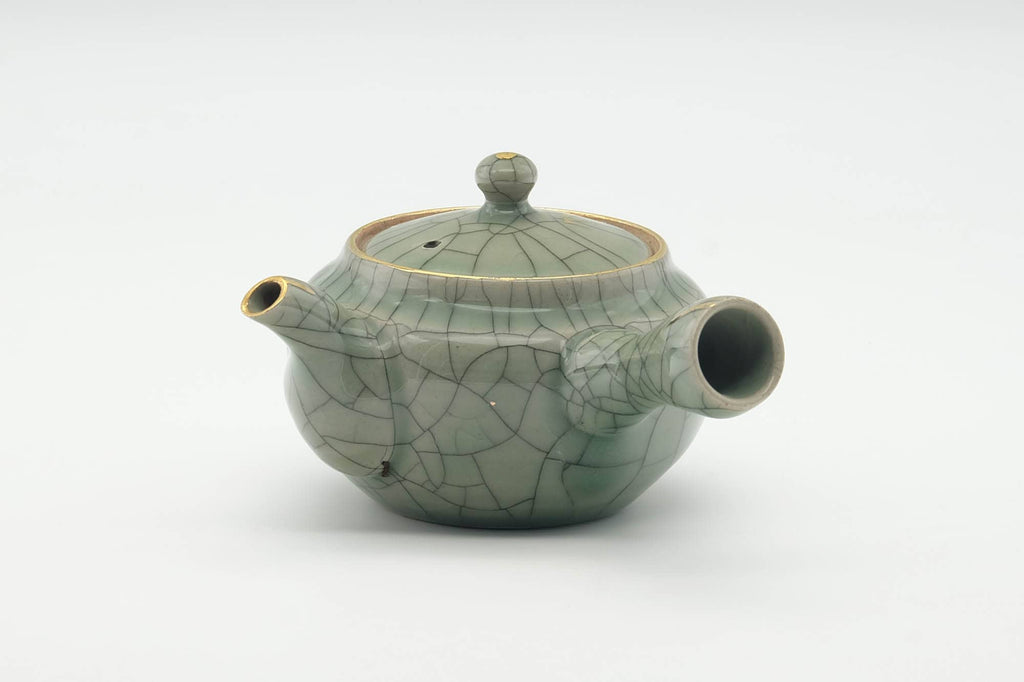 Japanese Kyusu - Golden Horse Green Celadon Glazed Obori Soma-yaki Porcelain Teapot - 200ml