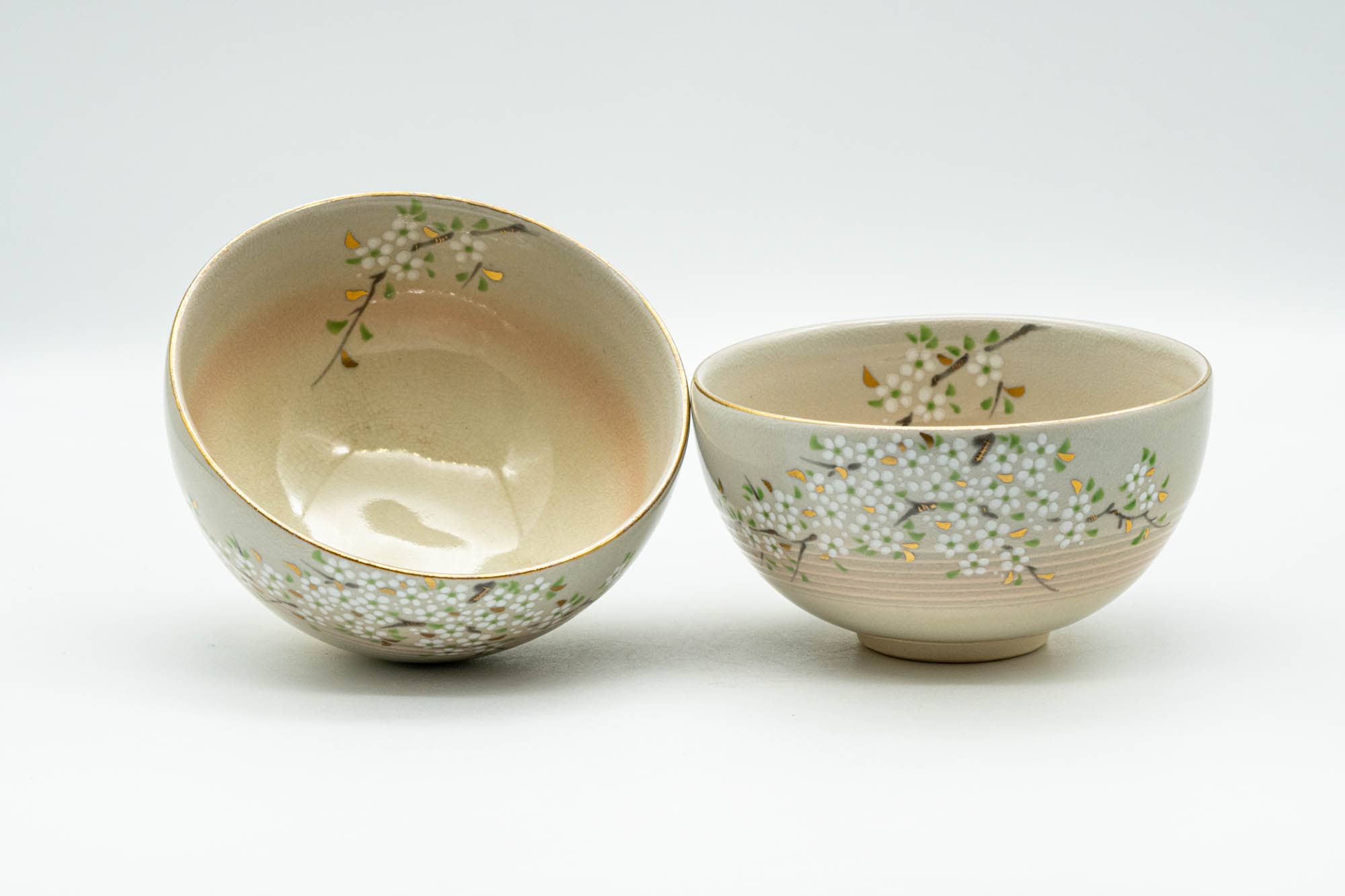 Japanese Teacups - Pair of Floral Gold Kyo-yaki Yunomi - 150ml