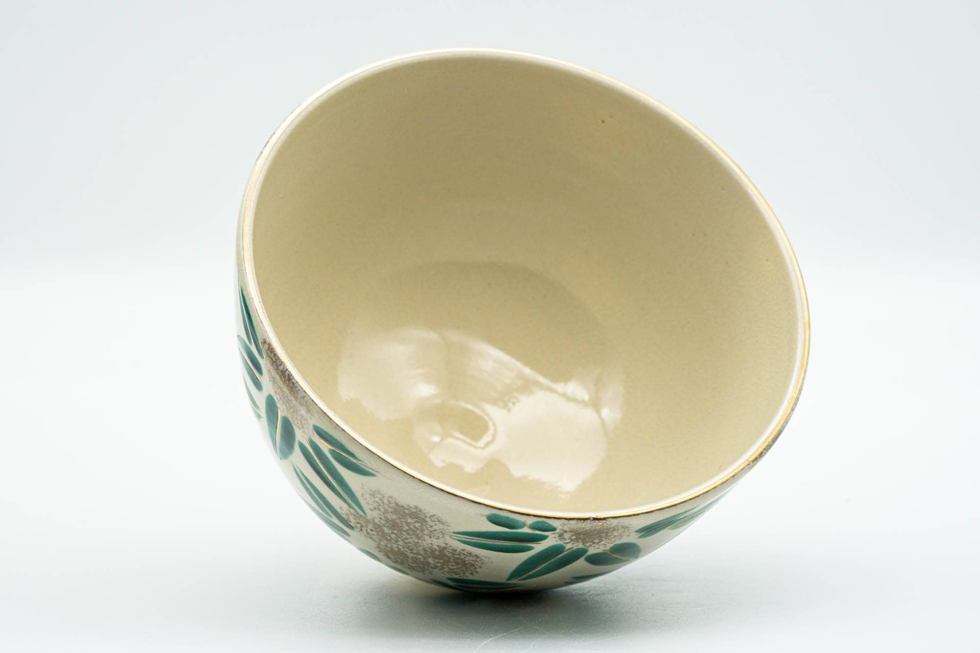 Japanese Matcha Bowl - Gold Green Floral Kyo-yaki Chawan - 300ml