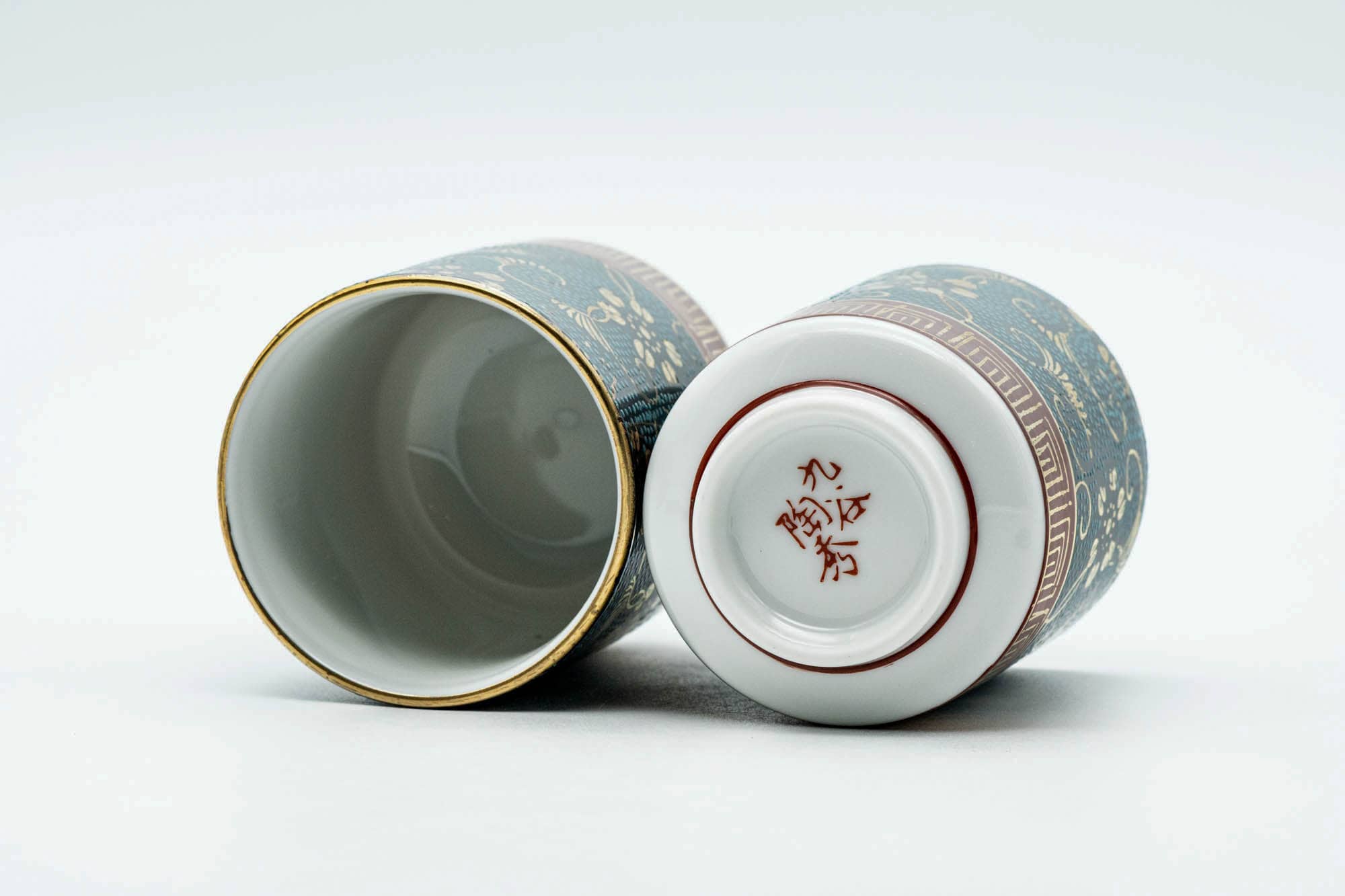 Japanese Teacups - Pair of Blue Gold Aochibu Kutani-yaki Lidded Meoto Yunomi