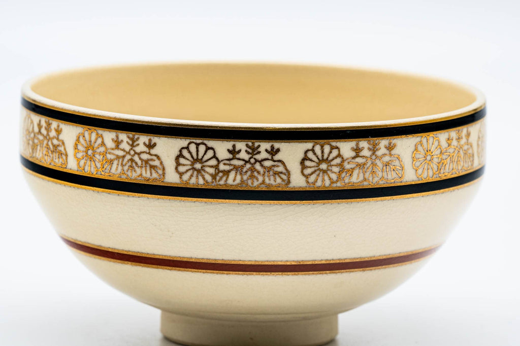 Japanese Matcha Bowl - Beige Floral Striped Kyo-yaki Chawan - 200ml