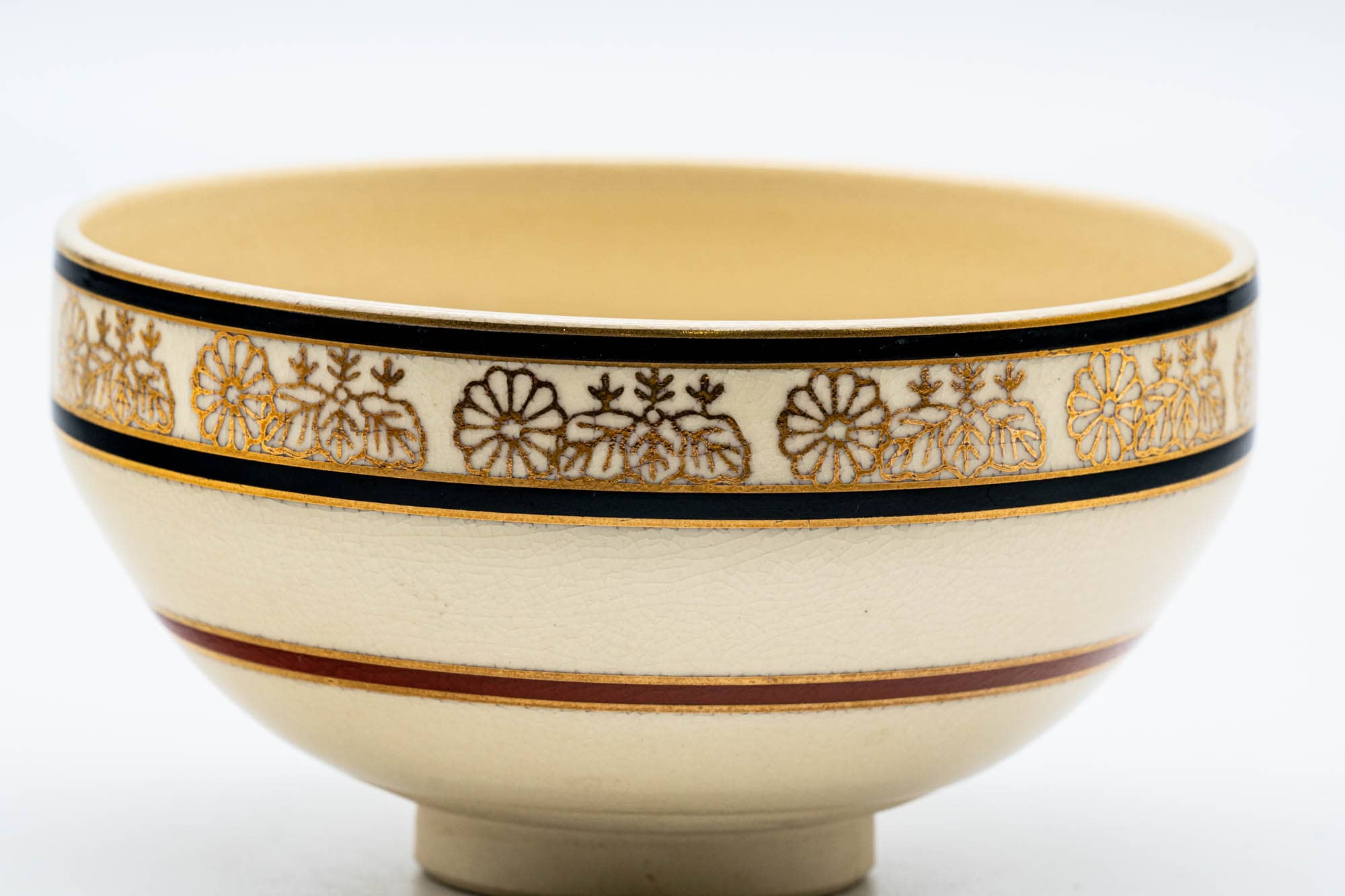 Japanese Matcha Bowl - Beige Floral Striped Kyo-yaki Chawan - 200ml