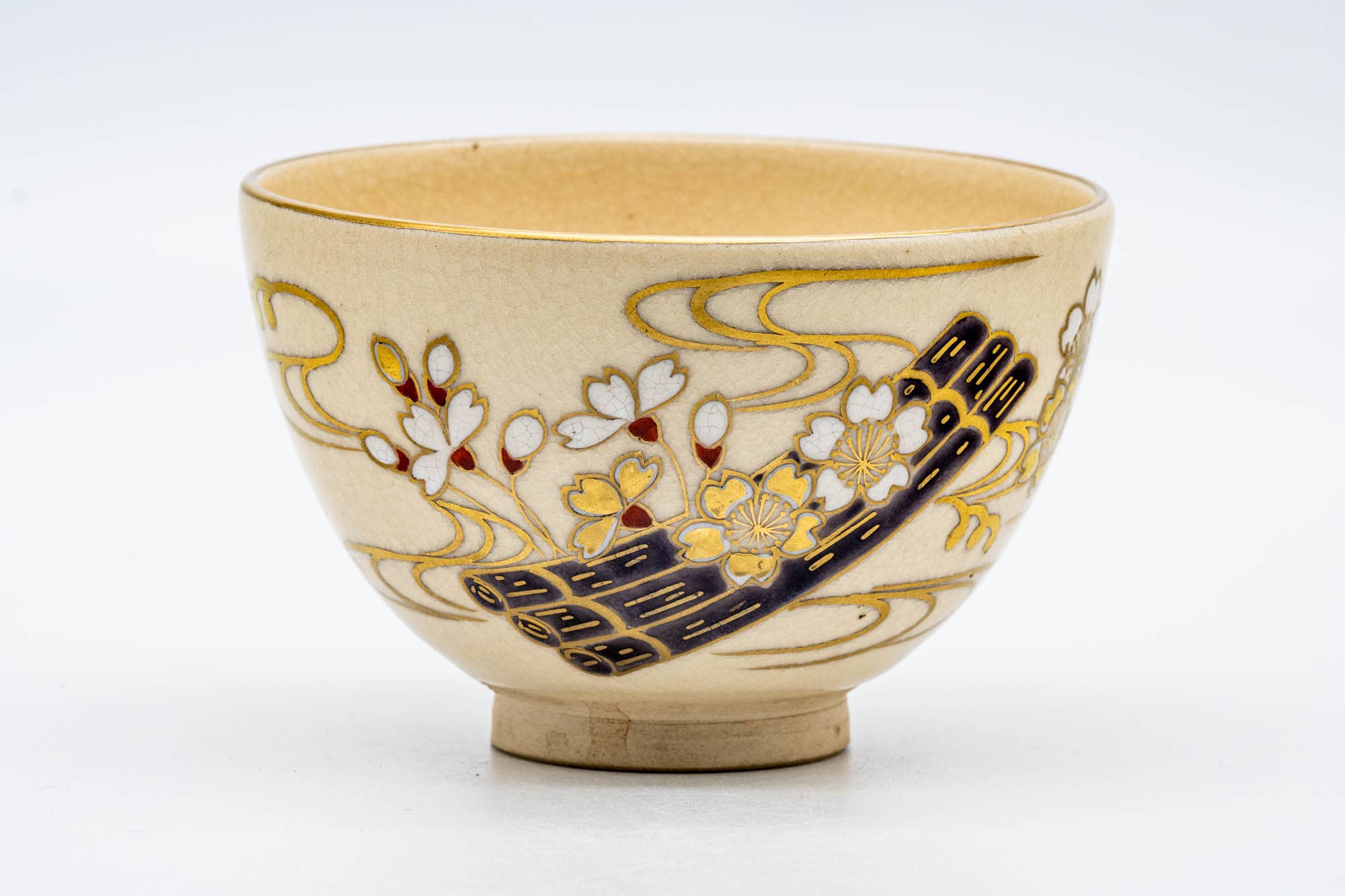 Japanese Matcha Bowl - Gold White Sakura Kyo-yaki Wan-nari Chawan - 250ml