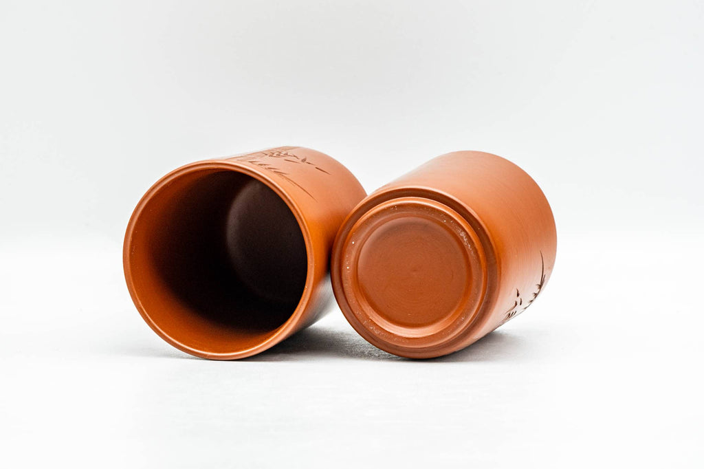 Japanese Teacups - Pair of Bamboo Engraved Tokoname-yaki Meoto Yunomi - 140ml