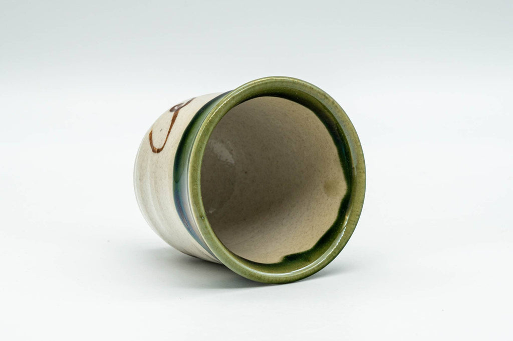 Japanese Teacup - Beige Green Drip-Glazed Geometric Oribe-yaki Yunomi - 70ml