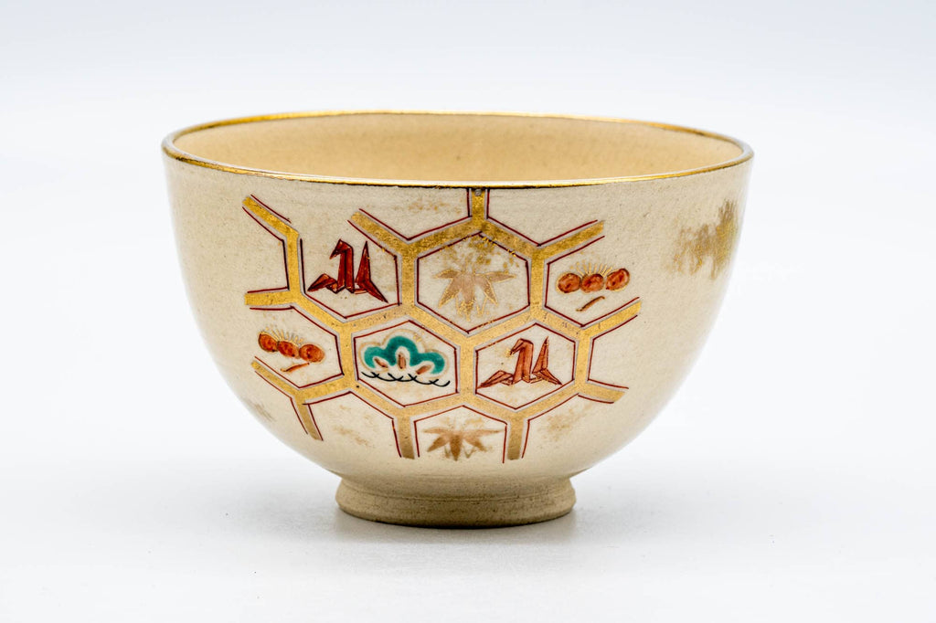 Japanese Matcha Bowl - Gold Geometric Origami Kyo-yaki Chawan - 250ml