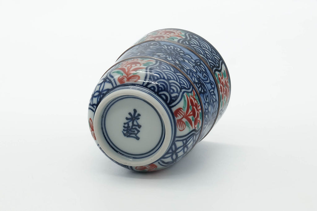 Japanese Teacup - Blue Floral Geometric Arita-yaki Yunomi - 245ml