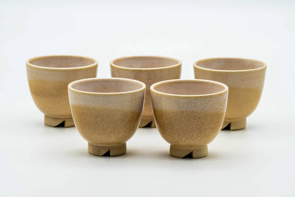 Japanese Teacups - Set of 5 Beige White Drip-Glazed Hagi-yaki Guinomi - 50ml