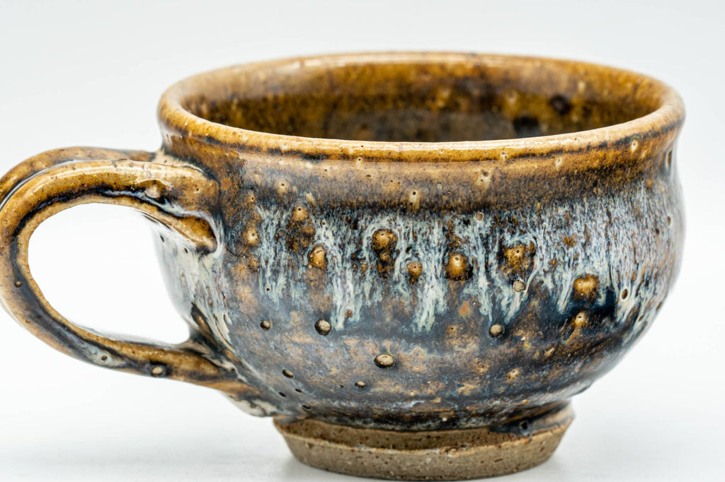 Japanese Teacup - Brown White Drip-Glazed Rear-Handled Ushirode Yunomi - 150ml