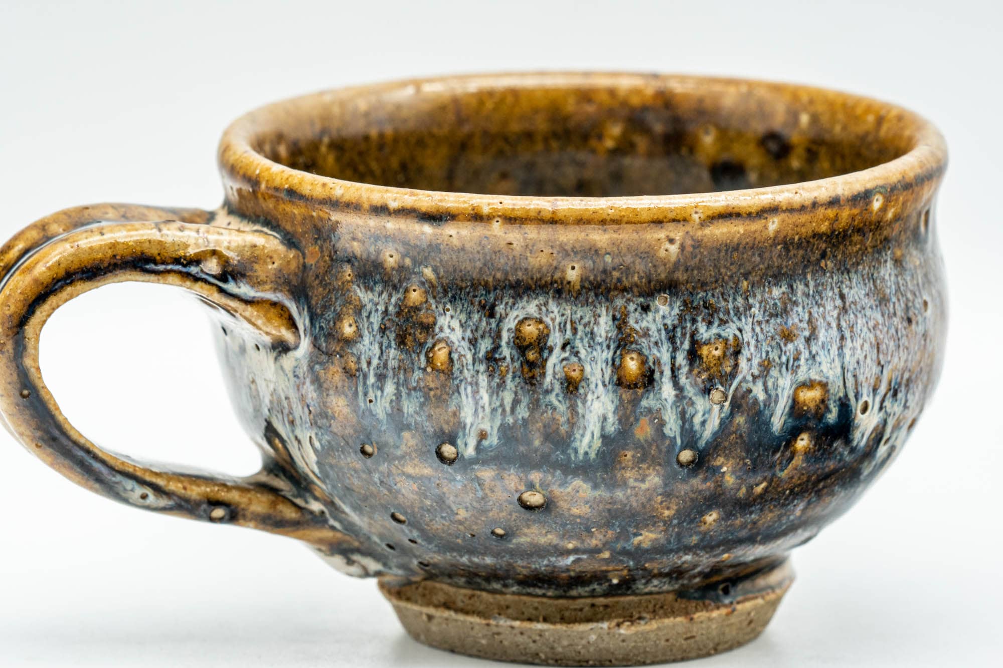 Japanese Teacup - Brown White Drip-Glazed Rear-Handled Ushirode Yunomi - 150ml