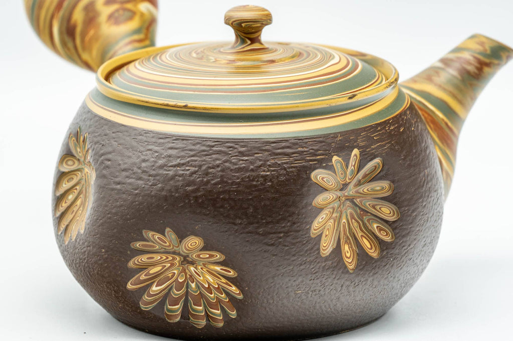 Japanese Kyusu - Engraved Floral Nerikomi Textured Tokoname-yaki Debeso Teapot - 240ml