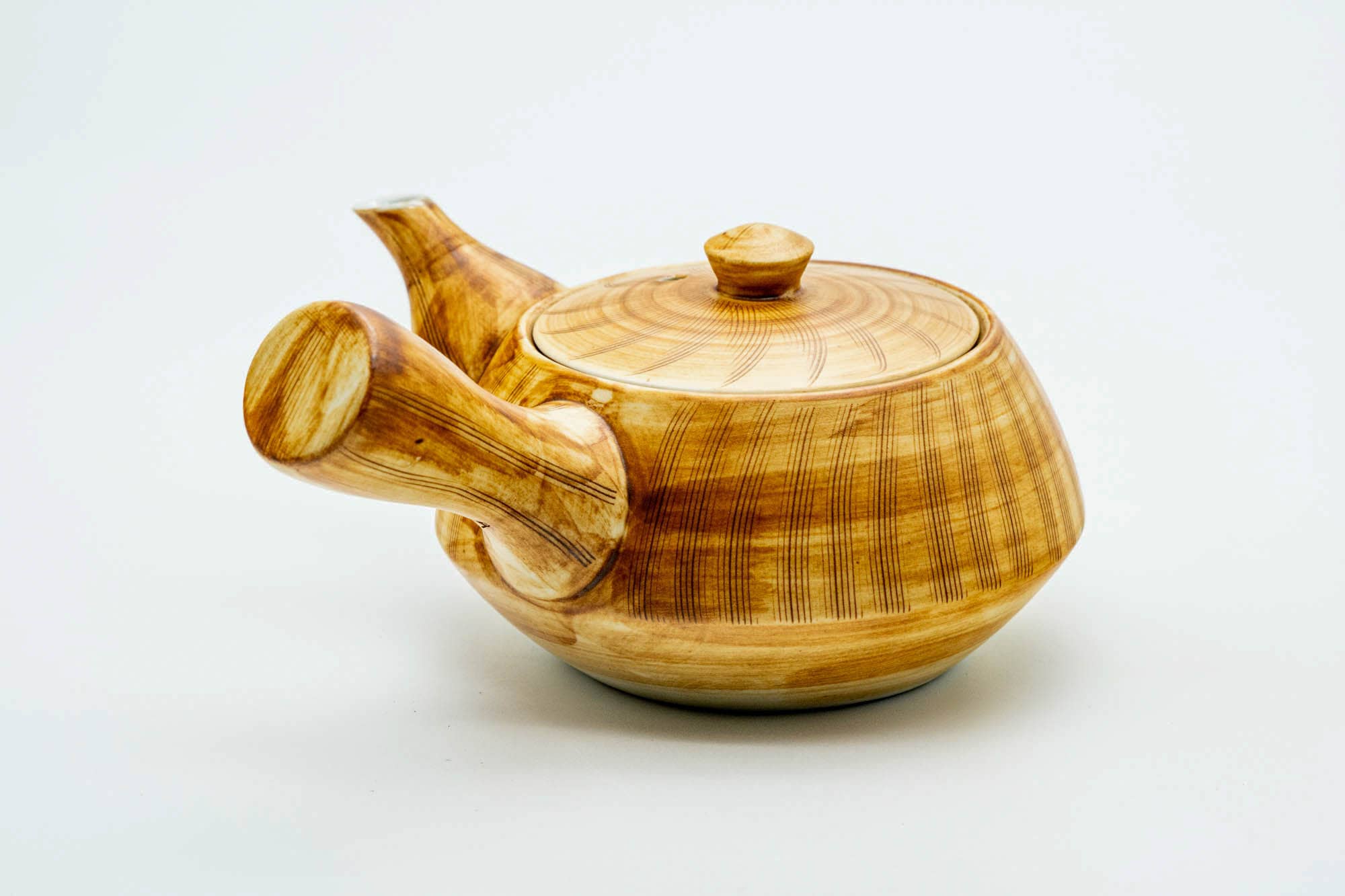 Japanese Kyusu - Yellow Brown Glazed Striped Arita-yaki Ceramic Filter Teapot - 240ml