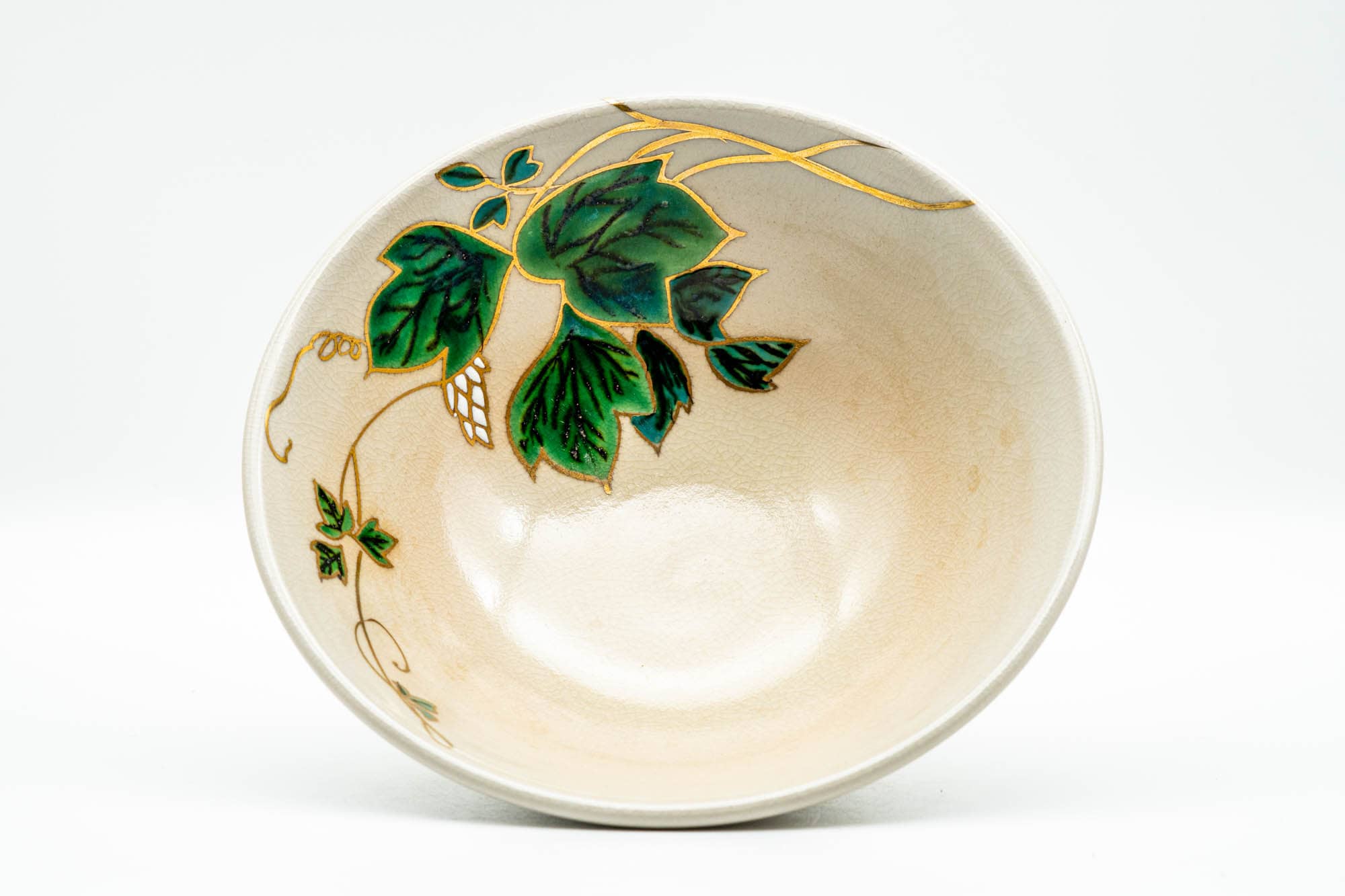 Japanese Matcha Bowl - Gold Green Leaves Kyo-yaki Summer Chawan - 150ml