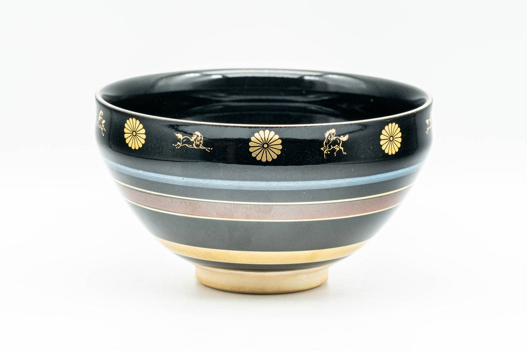 Japanese Matcha Bowl - 貴山 Kiyama - Black Gold Chrysanthemum Horses Kyo-yaki Chawan - 200ml