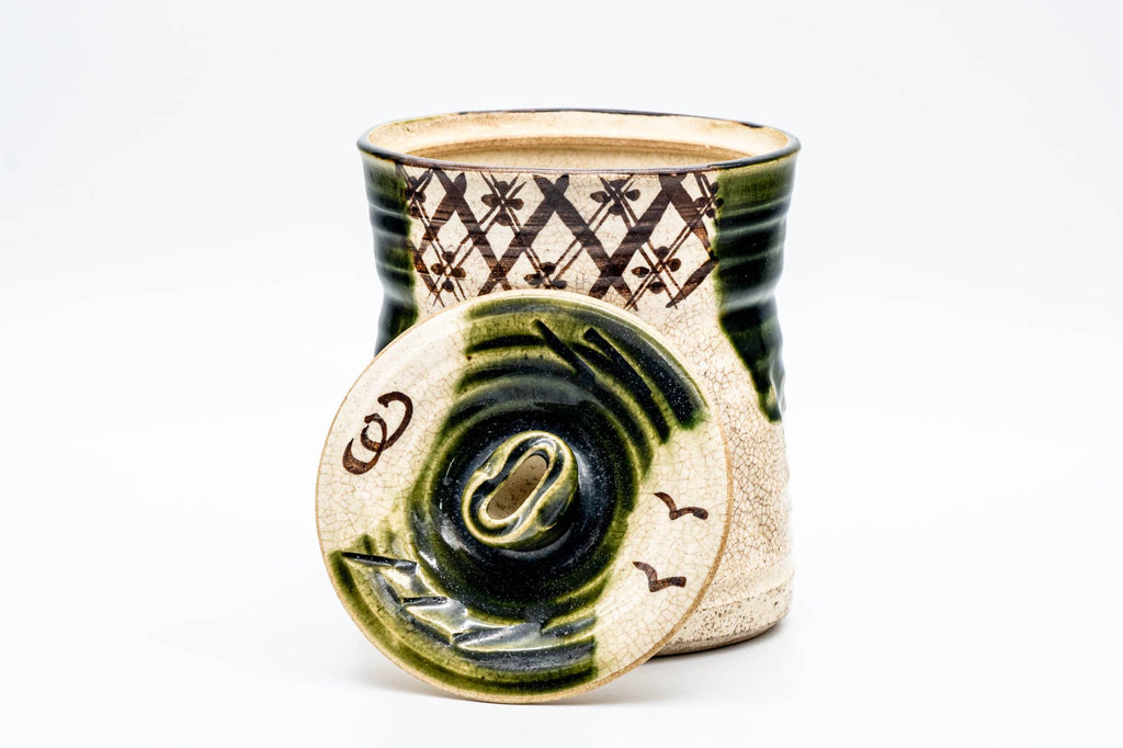 Japanese Mizusashi - Abstract Geometric Green Drip-Glazed Oribe-yaki Water Container - 1000ml