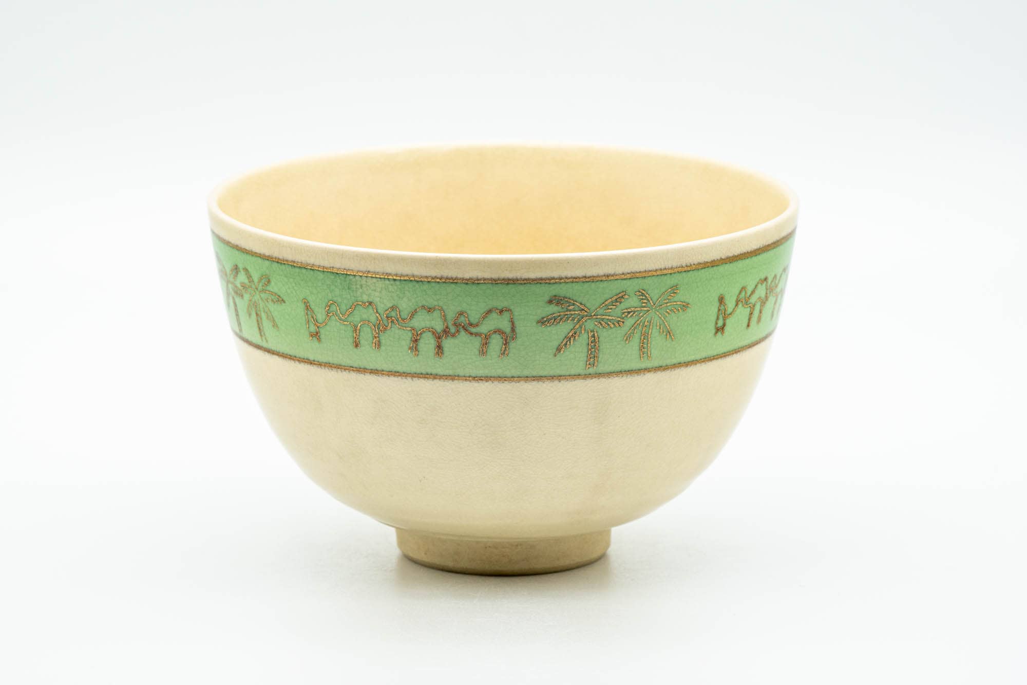 Japanese Matcha Bowl - Camel Green Palm Trees Kyo-yaki Chawan - 300ml