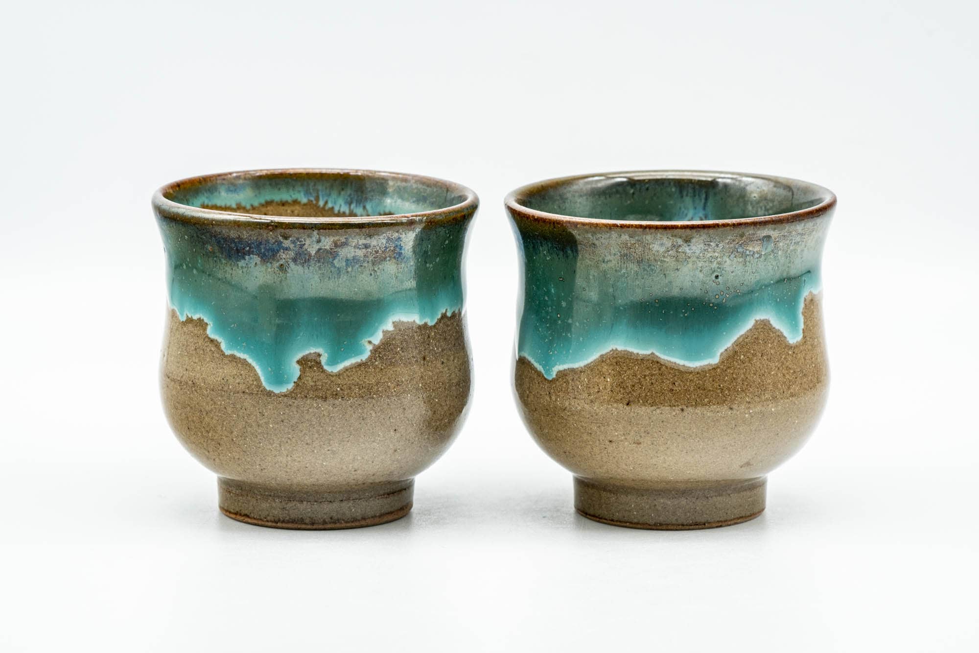Japanese Teacups - Pair of Olive Green Turquoise Drip-Glazed Agano-yaki Yunomi - 110ml