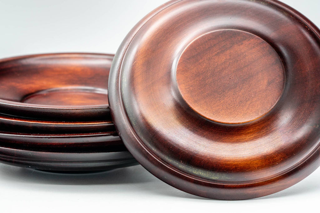 Japanese Chataku - Set of 5 Floral Engraved Red Wood Tea Saucers